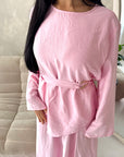 Bahi Pink Belted Plain Modest Skirt Co Ord Set