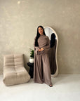 Maliha Mocha Plain Drape Cape Top Trouser Co Ord Set