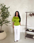 Rayna Lime Green Summer Lace Detail Short Sleeve Tie Back Top