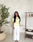 Rayna Yellow Summer Lace Detail Short Sleeve Tie Back Top