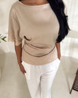 Rayna Beige Summer Lace Detail Short Sleeve Tie Back Top