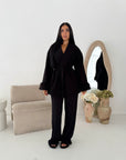Maha Black Short Belted Fur Sleeve Coat