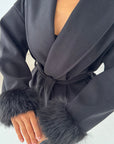 Maha Black Short Belted Fur Sleeve Coat
