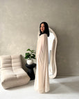 Bria Beige Plain Chiffon Cape Tie Back Modest Satin Dress