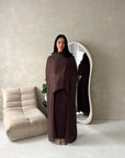Bria Brown Plain Chiffon Cape Tie Back Modest Satin Dress