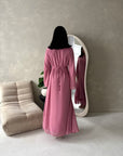 Mysa Pink Mesh Lined Frill Detail Modest Dress