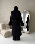 Tina Black Fur Collar Belted Buttoned Coat