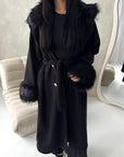 Tina Black Fur Collar Belted Buttoned Coat