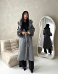 Tina Grey Fur Collar Belted Buttoned Coat