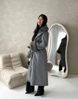 Tina Grey Fur Collar Belted Buttoned Coat