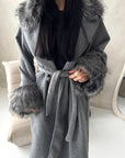 Tina Grey Fur Collar Belted Buttoned Coat
