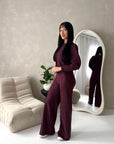 Coco Wine Buttoned Jacket & Wide Leg Trouser Set