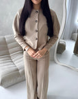 Coco Beige Buttoned Jacket & Wide Leg Trouser Set