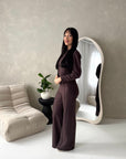 Coco Brown Buttoned Jacket & Wide Leg Trouser Set