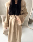 Tina Beige Fur Collar Belted Buttoned Coat