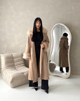 Tina Camel Fur Collar Belted Buttoned Coat