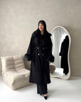 Tina Black Fur Collar Belted Buttoned Coat