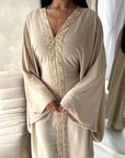 Mina Beige V Neck Gold Detail Trim Modest Kaftan Dress