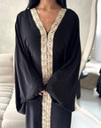 Mina Black V Neck Gold Detail Trim Modest Kaftan Dress