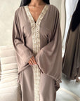 Mina Mocha V Neck Gold Detail Trim Modest Kaftan Dress