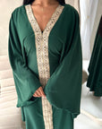 Mina Emerald Green V Neck Gold Detail Trim Modest Kaftan Dress