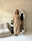 Levani Mocha Wrap Tie Modest Dress