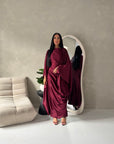Sahra Wine Satin Shoulder Gather Kaftan Dress