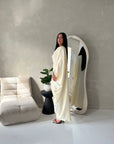 Sahra Cream Satin Shoulder Gather Kaftan Dress