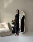 Sahra Black Satin Shoulder Gather Kaftan Dress