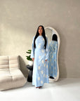 Marwa Blue Floral Embroidery Linen Summer Dress