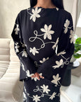 Marwa Black Floral Embroidery Linen Summer Dress
