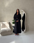 Areezo Black Pleated Belted Buckle V Neck Collar Dress