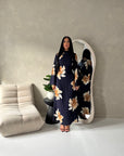 Falon Navy Linen Modest Summer Floral Dress