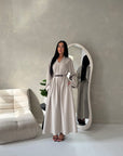 Areezo Mocha Pleated Belted Buckle V Neck Collar Dress