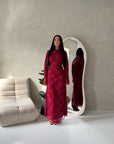 Velora Wine Floral Mesh Lined Ruched Waist Modest Dress