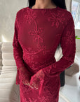 Velora Wine Floral Mesh Lined Ruched Waist Modest Dress