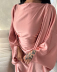 Sahra Pink Satin Shoulder Gather Kaftan Dress