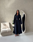 Areezo Navy Pleated Belted Buckle V Neck Collar Dress