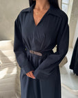 Areezo Navy Pleated Belted Buckle V Neck Collar Dress
