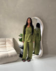 Fria Olive Plain Soft Satin Wrap Trouser Co Ord Set