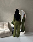 Fria Olive Plain Soft Satin Wrap Trouser Co Ord Set