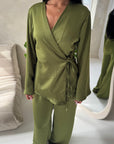 Fria Olive Plain Soft Satin Wrap Trouser Co Ord Set