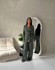Fria Khaki Plain Soft Satin Wrap Trouser Co Ord Set