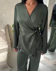 Fria Khaki Plain Soft Satin Wrap Trouser Co Ord Set
