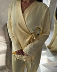 Fria Yellow Plain Soft Satin Wrap Trouser Co Ord Set