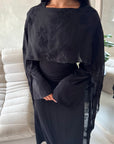 Atara Black Floral Embroidery Cape Tie Back Dress