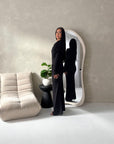 Yati Black Elegant Cape Waist Ruched Maxi Dress