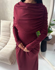 Yati Wine Elegant Cape Waist Ruched Maxi Dress