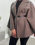 Ailay Mocha Collar Cape Poncho Belted Jacket