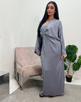 Aleah Grey Plain Front Knot Modest Dress